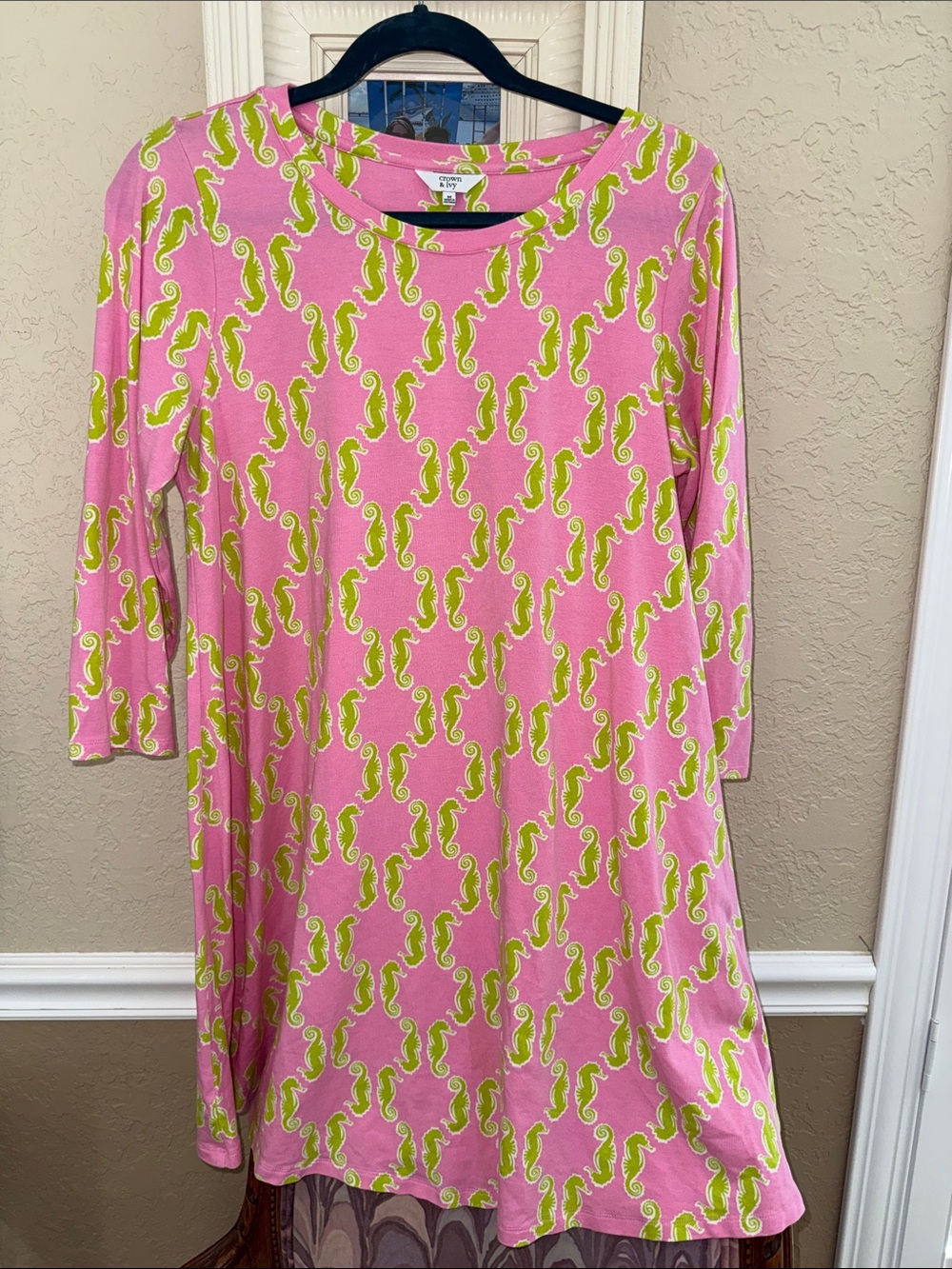 crown & ivy Pink Dress with Lime Seahorse Print